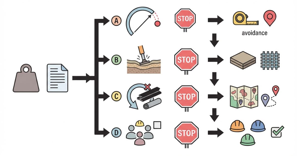  35tを数字だけで選んで半径見落としや地耐力不足や干渉や体制未確定で作業停止する分岐と回避策の文字なし図解