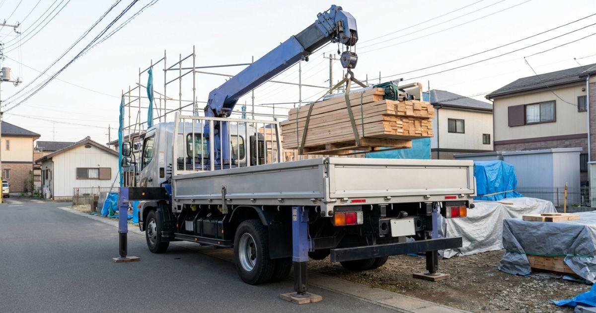 3tトラッククレーンが小規模現場でアウトリガー展開して資材を吊り上げている様子