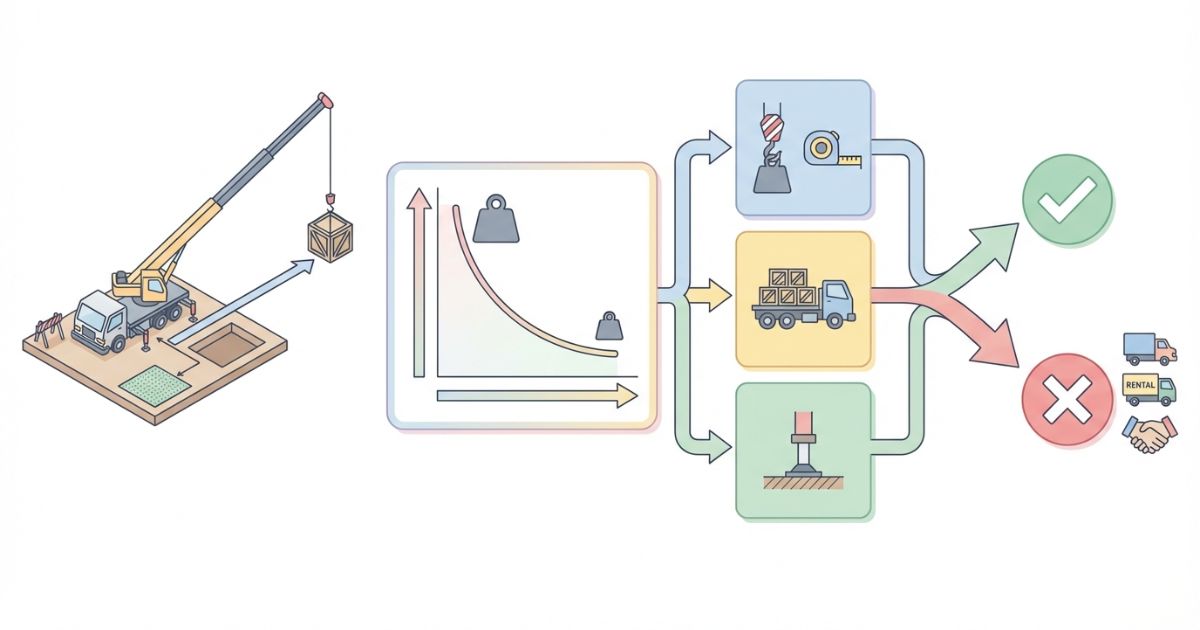 3tトラッククレーンの判断軸である作業半径と実吊り荷重を中心にした文字なし図解