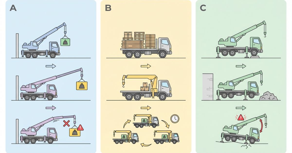 3tトラッククレーンで起きやすい半径ズレ・積載不足・設置条件のリスクを示す文字なし図解