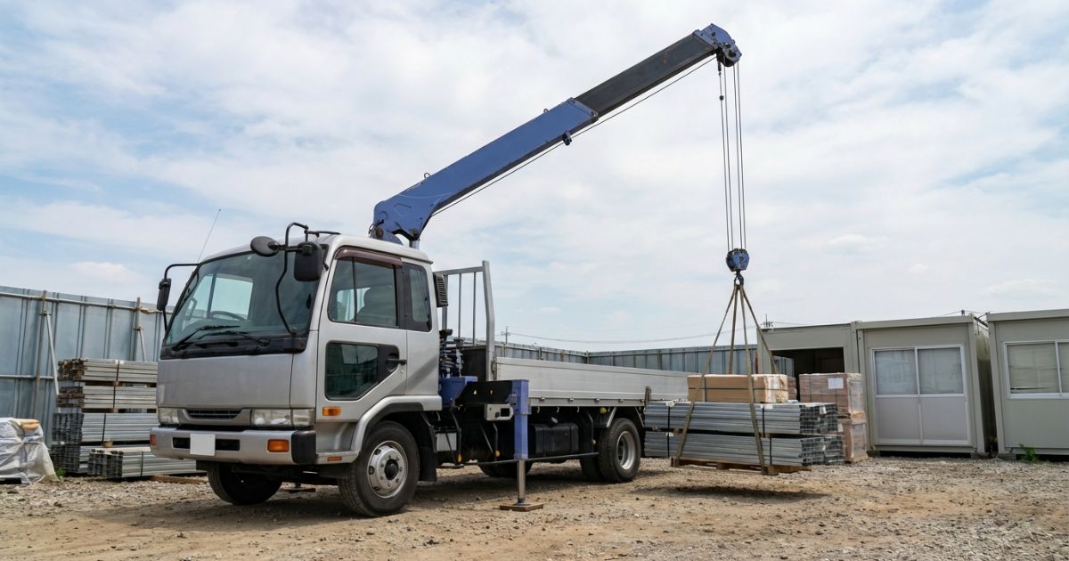 4-9tクラスのトラッククレーンが小中規模現場でアウトリガー展開して資材を吊り上げている様子