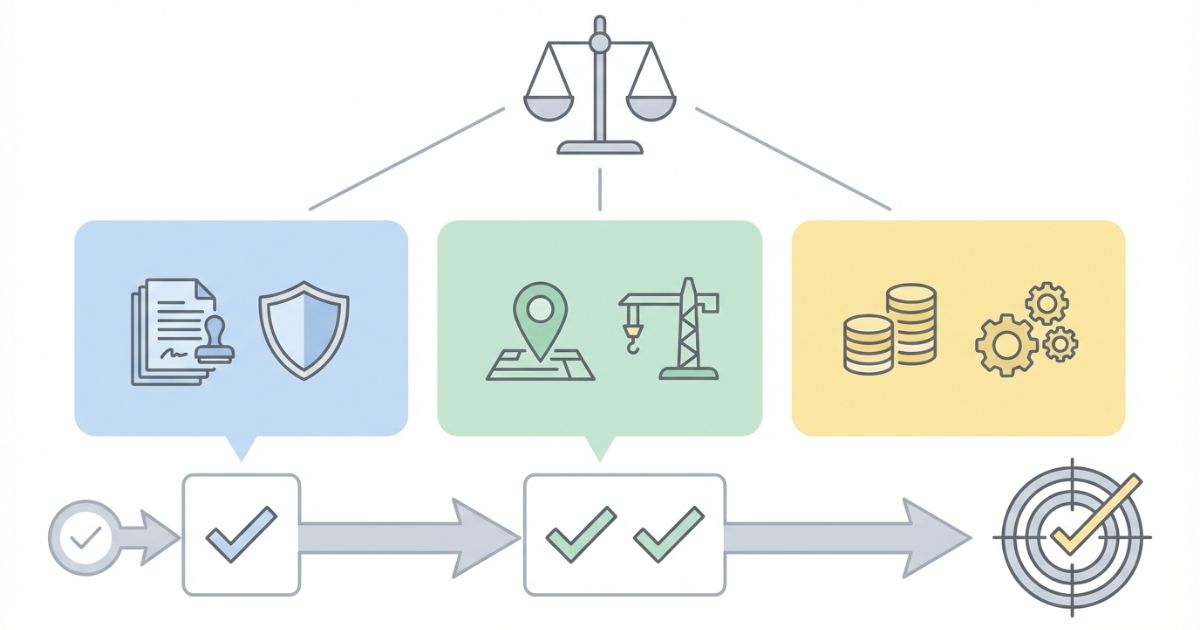 トラッククレーン4-9tが選ばれる理由を法規免許と現場適性と運用コストの三軸で示す文字なし図解