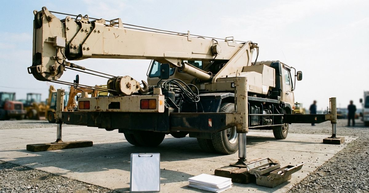 中古トラッククレーン4.9tの購入検討イメージ（相場確認と現車チェックの雰囲気）