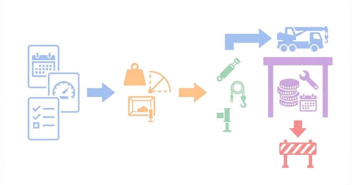 中古4.9tの判断手順（相場→要件定義→現車→総コスト）を示す文字なし図解
