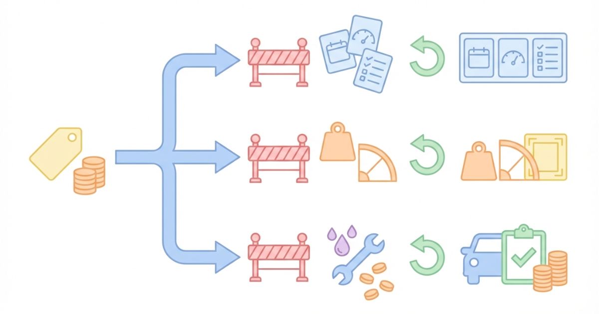 中古4.9tで起きる失敗パターンと回避策（手順固定）を示す文字なし図解