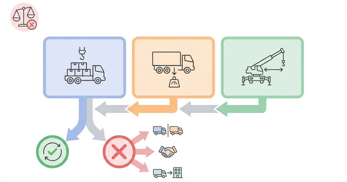 4tトラッククレーンの判断軸である積載制限と車両総重量と現場要件を示す文字なし図解