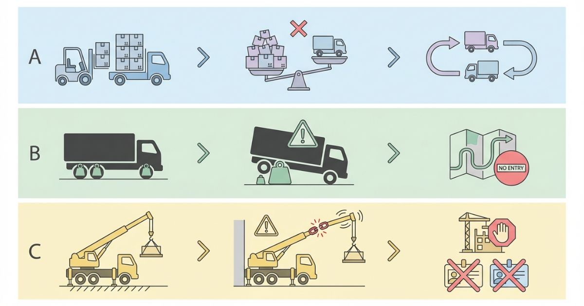 4tトラッククレーンの想定外として積載誤認や総重量や設置条件や資格不足のリスクを示す文字なし図解