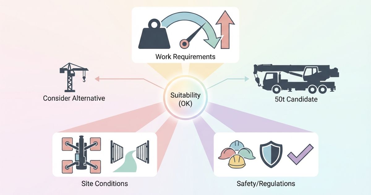 50tが必要かを作業要件と現場条件と安全法規の3要素で判断する文字なし図解
