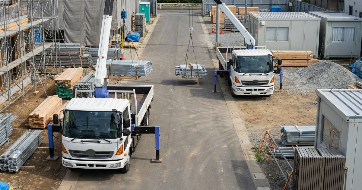 4-9tクラスと5tクラスのトラッククレーンを同一現場で比較できる構図の作業風景