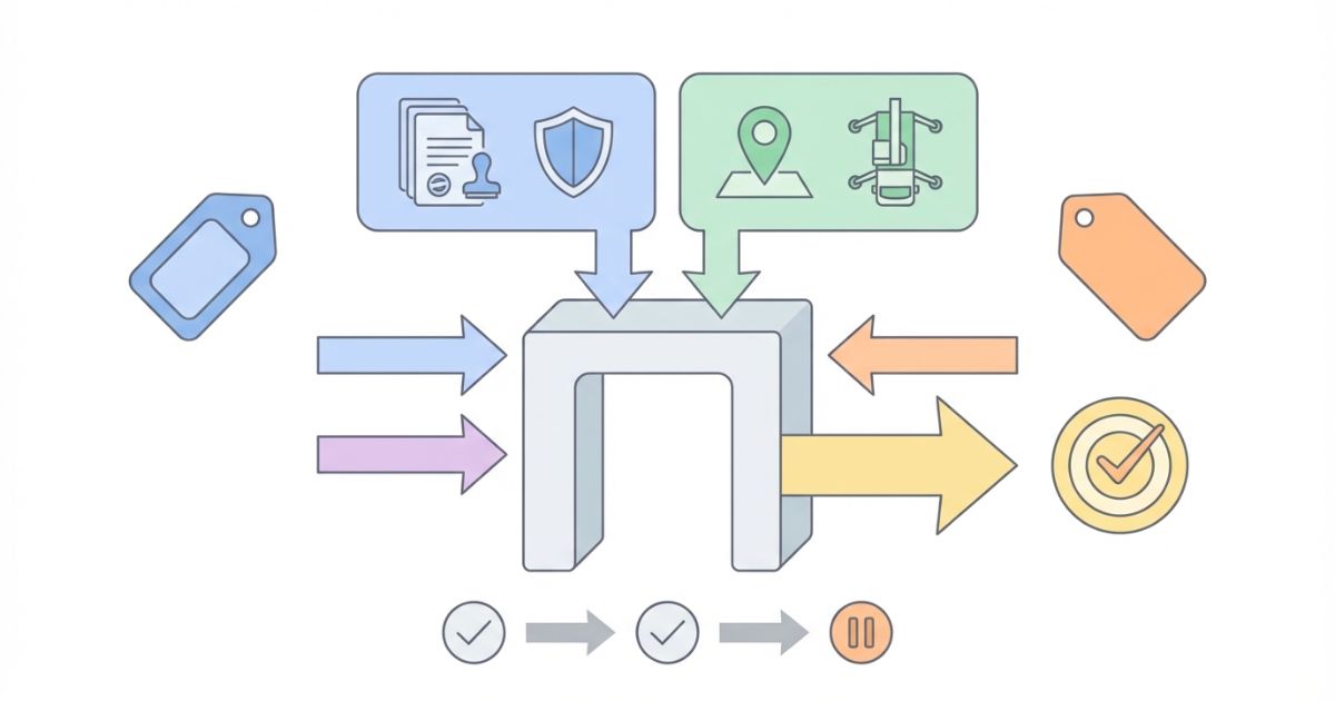  4-9tと5tの選び分けは法規と現場条件で決まることを示す文字なし図解