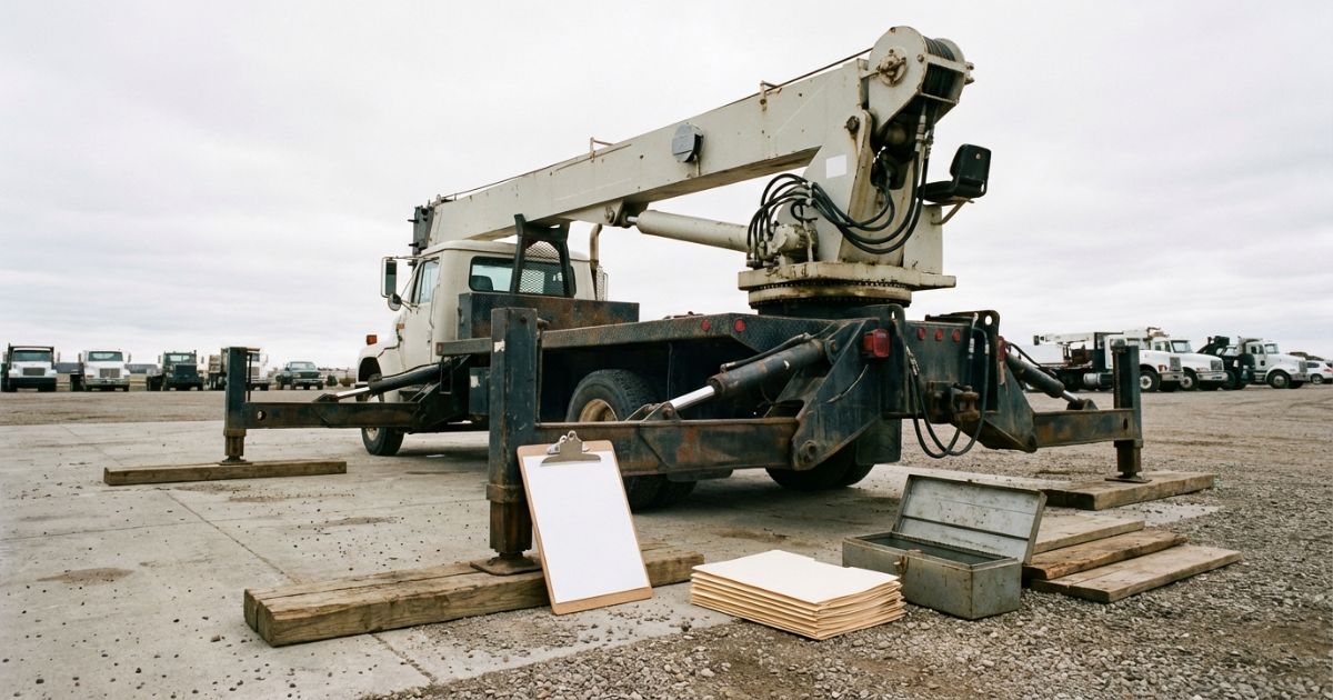 中古トラッククレーン5tの購入検討イメージ（年式・走行距離と状態確認の雰囲気）