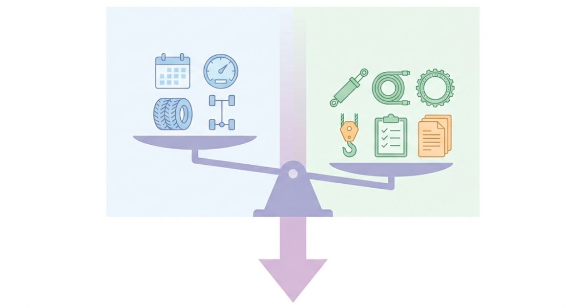  5t中古は数値だけでなく使用実態とクレーン部状態で判断する要点を示す文字なし図解