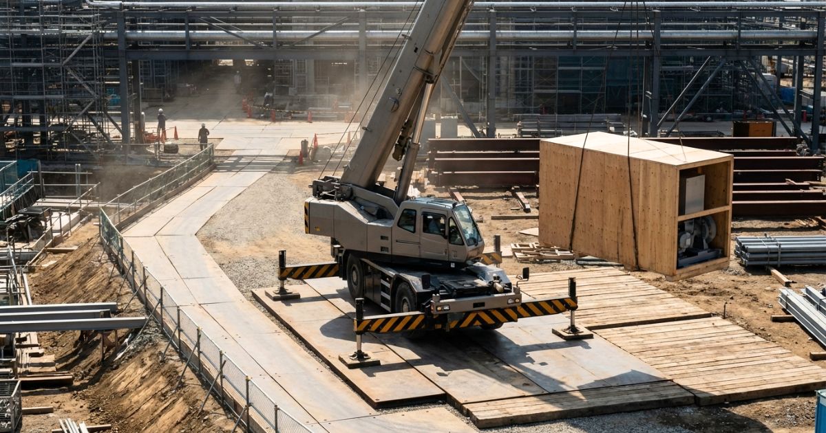 80tクラスの大型トラッククレーンが敷板とアウトリガーを展開して重量物を吊り上げる現場の写真イメージ