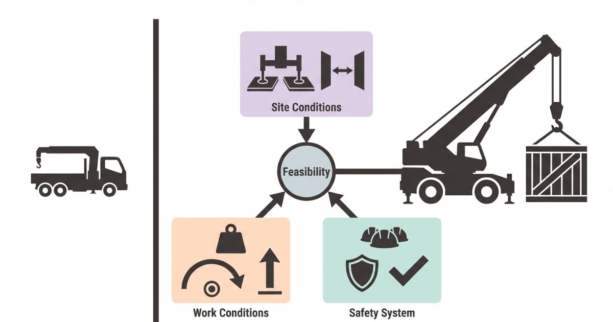 80t級はユニック車の延長ではなく設置条件と半径と安全体制で成立を判断する文字なし図解