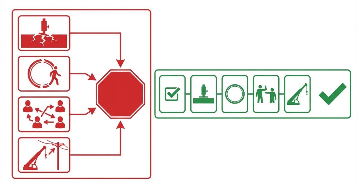未確認が残る場合の中止判断と地盤立入合図上空確認を揃えて開始する流れを示す文字なし図解