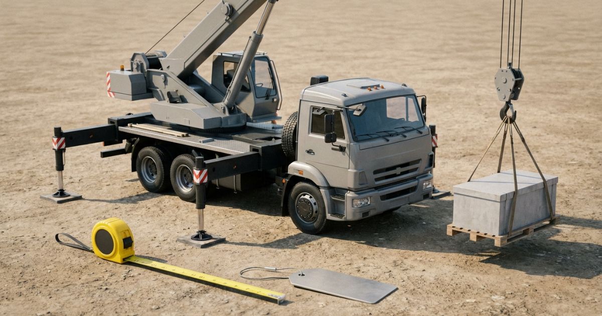 トラッククレーンを安全な設置条件で準備し作業半径と重量確認を意識している現場イメージ