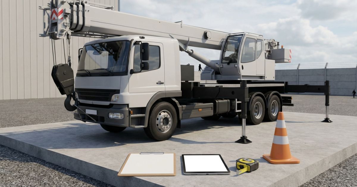 トラッククレーンで能力表の前提条件を照合している現場イメージの写真