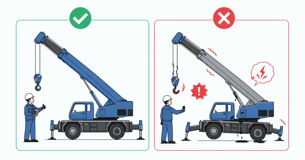日常点検で作業可能な状態と中止すべき異常状態の違いを示す図解