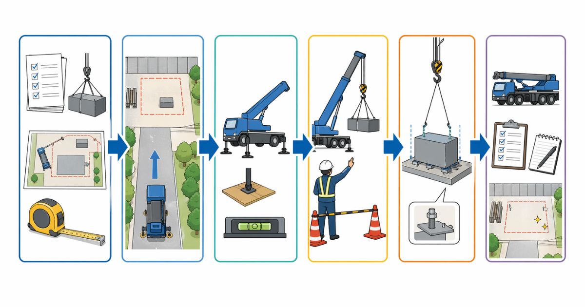 トラッククレーンの架設作業を事前確認から記録まで流れで示した図解