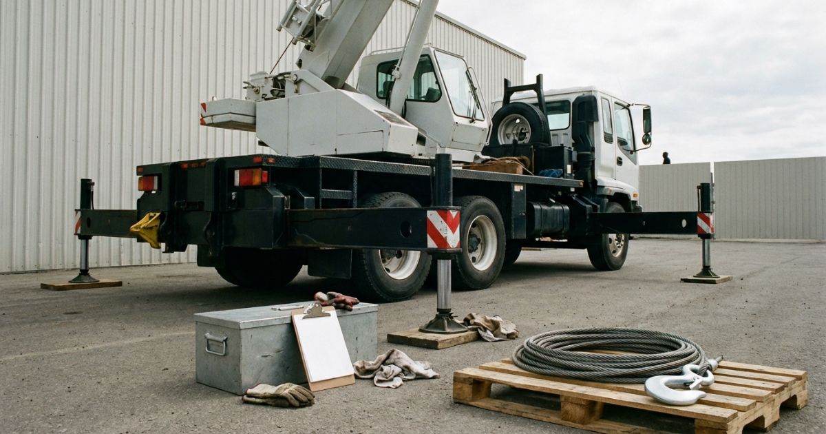 トラッククレーンの点検作業を行うヤードの実在感を伝える安全点検イメージ写真