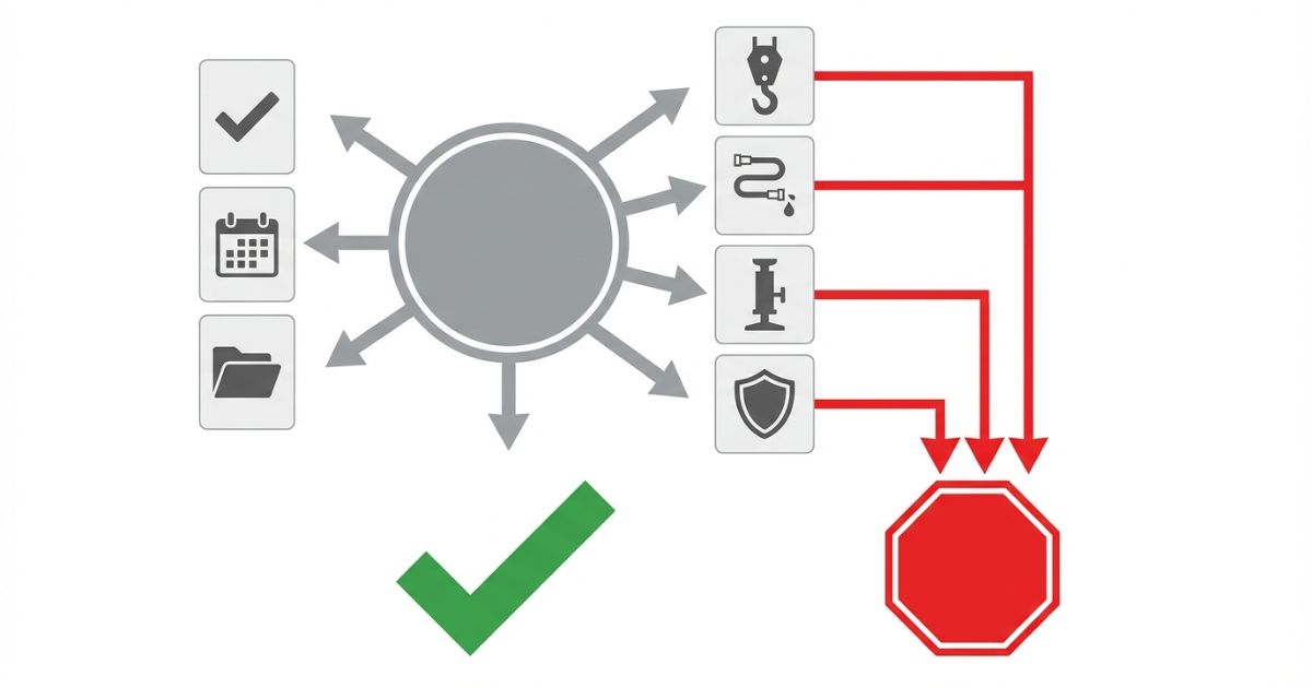  点検を種類別に行い安全部位に異常があれば使用不可という判断軸を示す文字なし図解