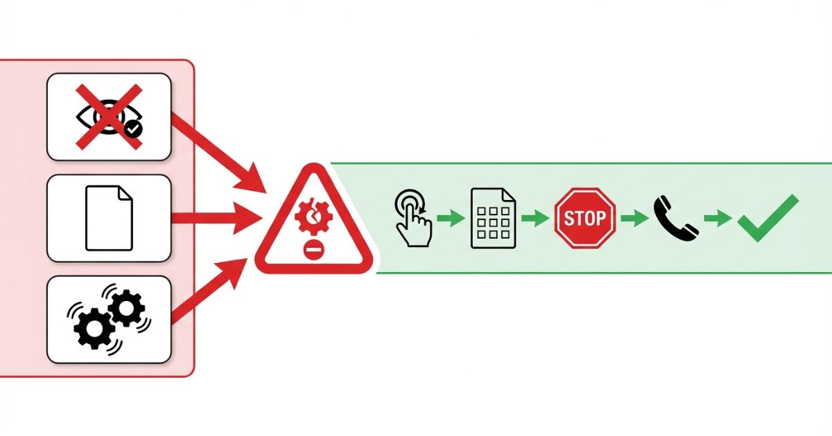  目視だけ記録なし異常スルーの失敗が停止につながり迷えば止める流れを示す文字なし図解