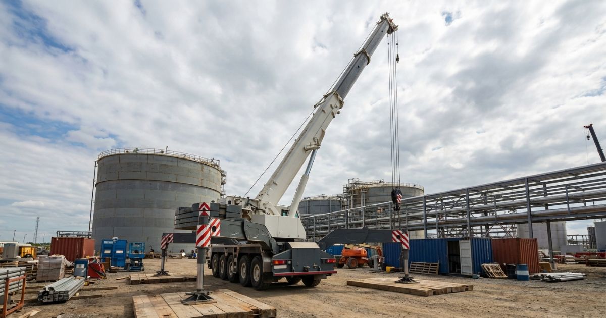 50tから100t級の大型トラッククレーンが大規模現場でアウトリガー展開しているスケール感重視の写真