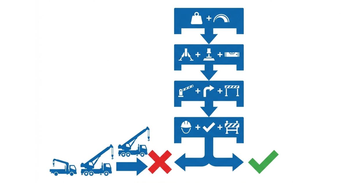 50t100t級の必要性を作業半径アウトリガー搬入経路安全体制の成立条件で判断する流れ図