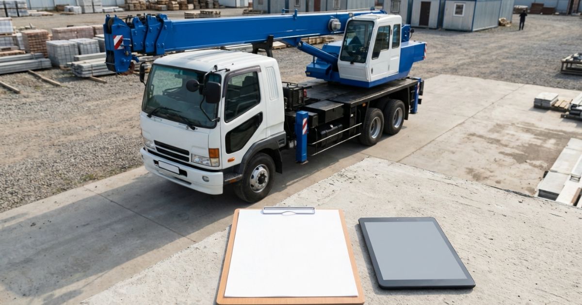 車両ヤードのトラッククレーンと無地の書類小物でリースとレンタルの比較検討を表した写真