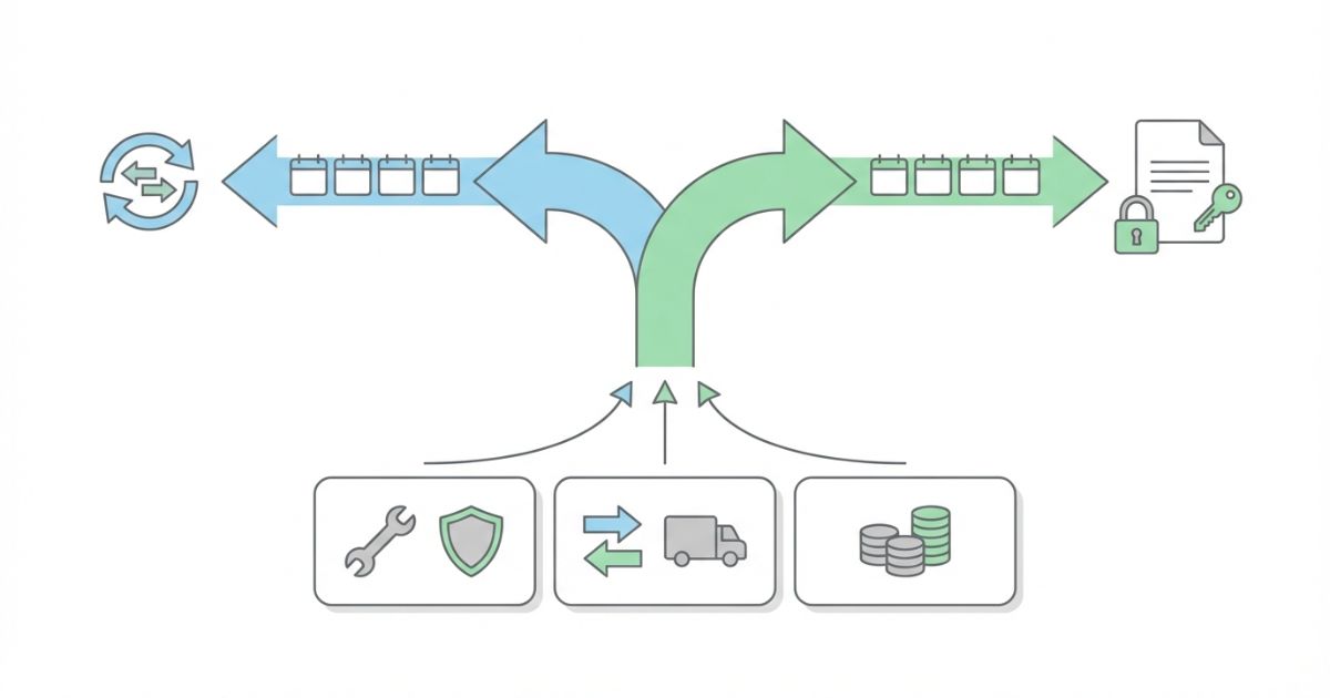 短期はレンタル長期はリースを基本に責任範囲と仕様変動で判断することを示す文字なし図解