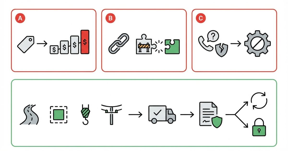 費用や期間だけで決めて追加費用や仕様ミスマッチや現場停止が起きるリスクと回避手順を示す文字なし図解