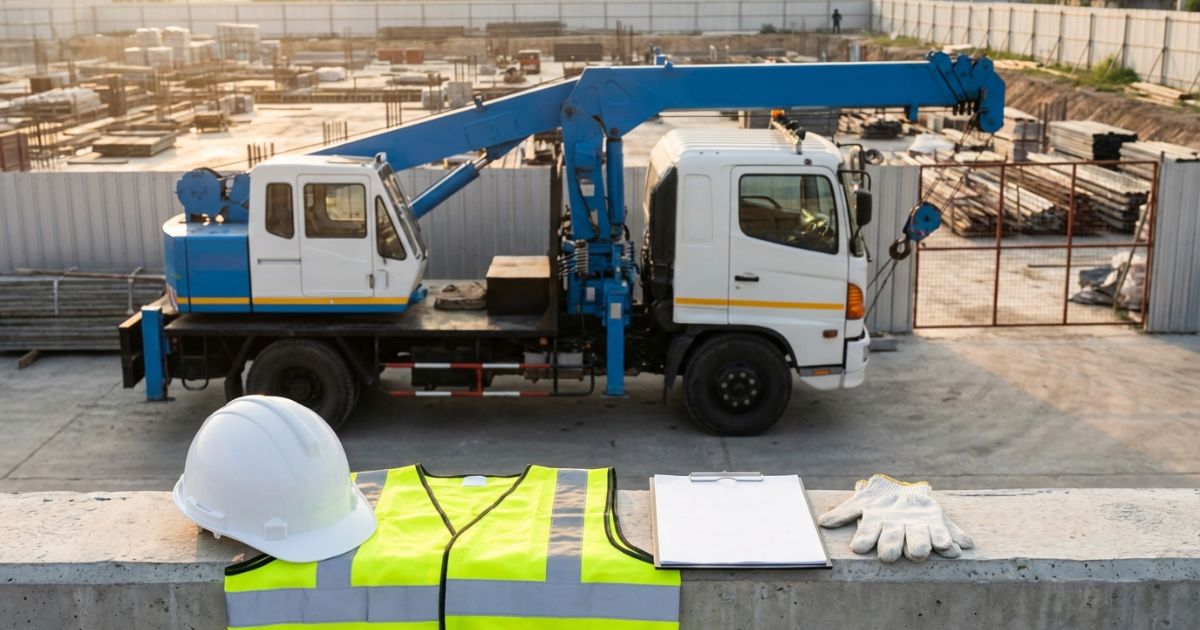 トラッククレーンの現場でヘルメットと書類を用いて運転と作業の要件確認を行うイメージ写真