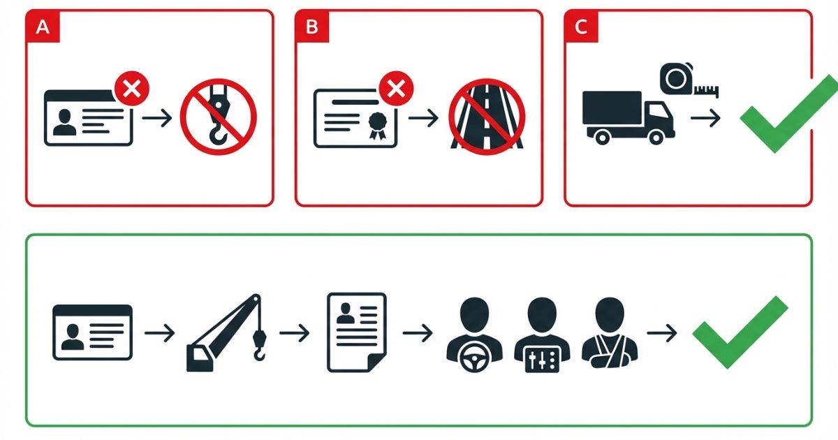  通称判断や要件取り違えで当日停止になる失敗例と3点照合で回避する流れを示す文字なし図解