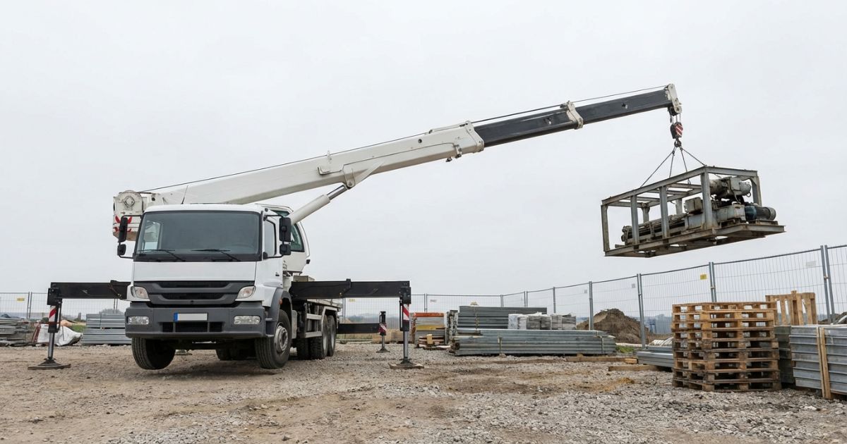 トラッククレーンがアウトリガー展開して少し離れた吊り点の荷を吊る現場写真