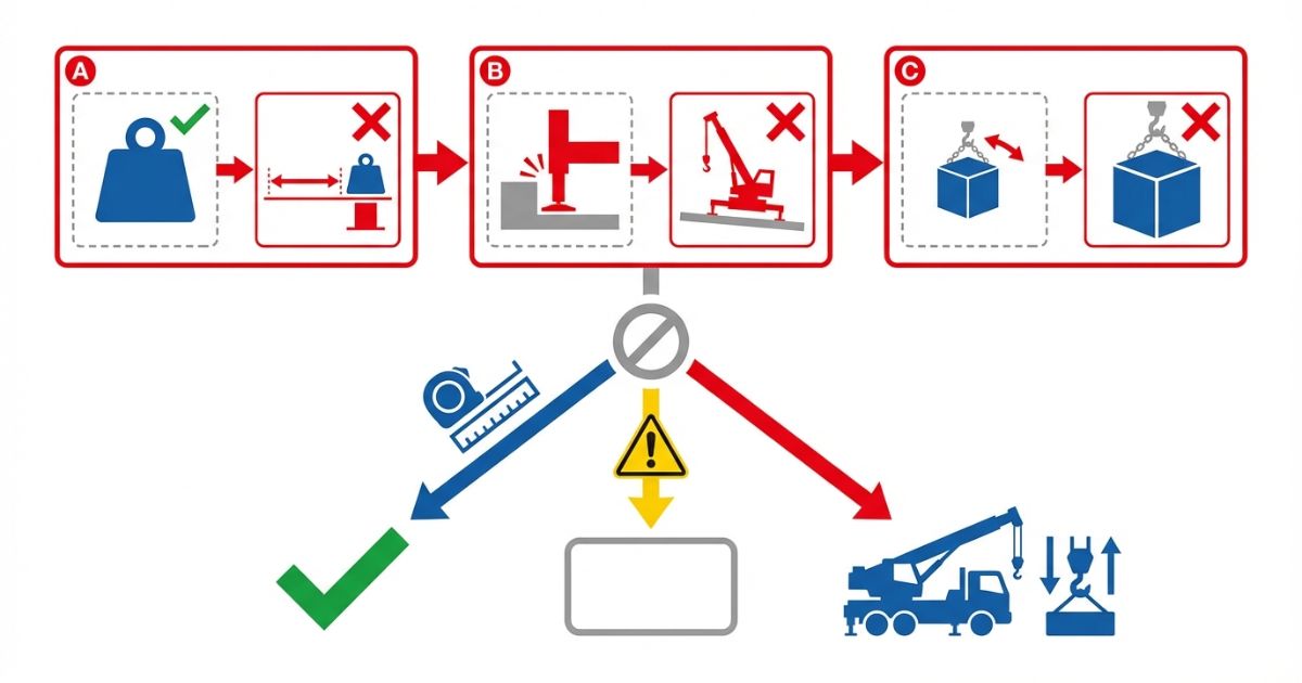  最大能力だけで判断して作業半径やアウトリガー制限や吊り具重量で吊れなくなる失敗と分岐を示す文字なし図解