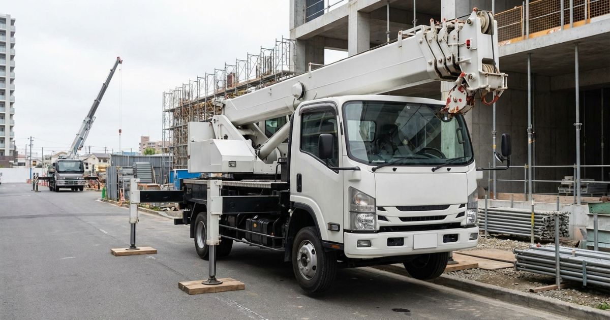 中型トラッククレーンが都市部の中規模工事現場で待機し5t・10tクラスのサイズ感と用途を伝える写真