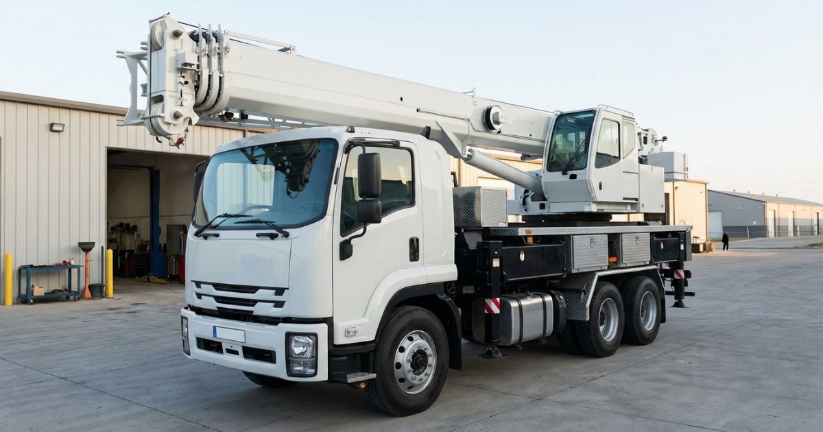 新車コンディションのトラッククレーンを車両ヤードで撮影した写真（導入検討の雰囲気）