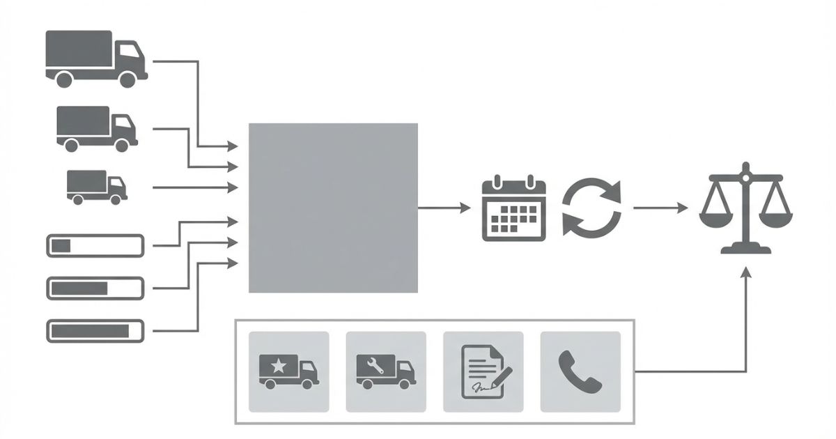 車格とクレーン仕様と耐用年数と稼働量で導入費用の妥当性を判断することを示す文字なし図解
