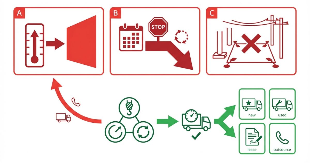  用途が曖昧な上位仕様選定や耐用年数稼働量の想定不足や現場条件見落としによる失敗を示す文字なし図解