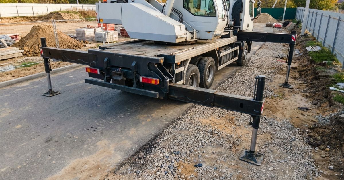 アウトリガーを最大限に張り出して設置されたトラッククレーンの現場写真