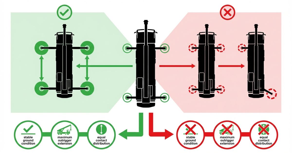  アウトリガーの張り出しと接地で安定性が決まる判断軸を示す文字なし図解