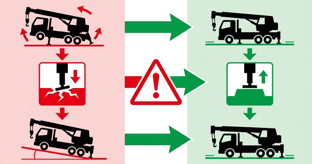  張り出し不足や沈下による不安定状態と安全な設置状態を比較した文字なし図解