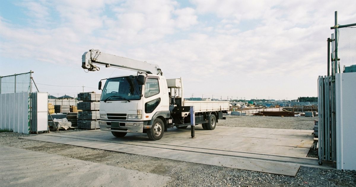 トラッククレーンレンタルの現場イメージ（クレーン付きトラックのスケール感）
