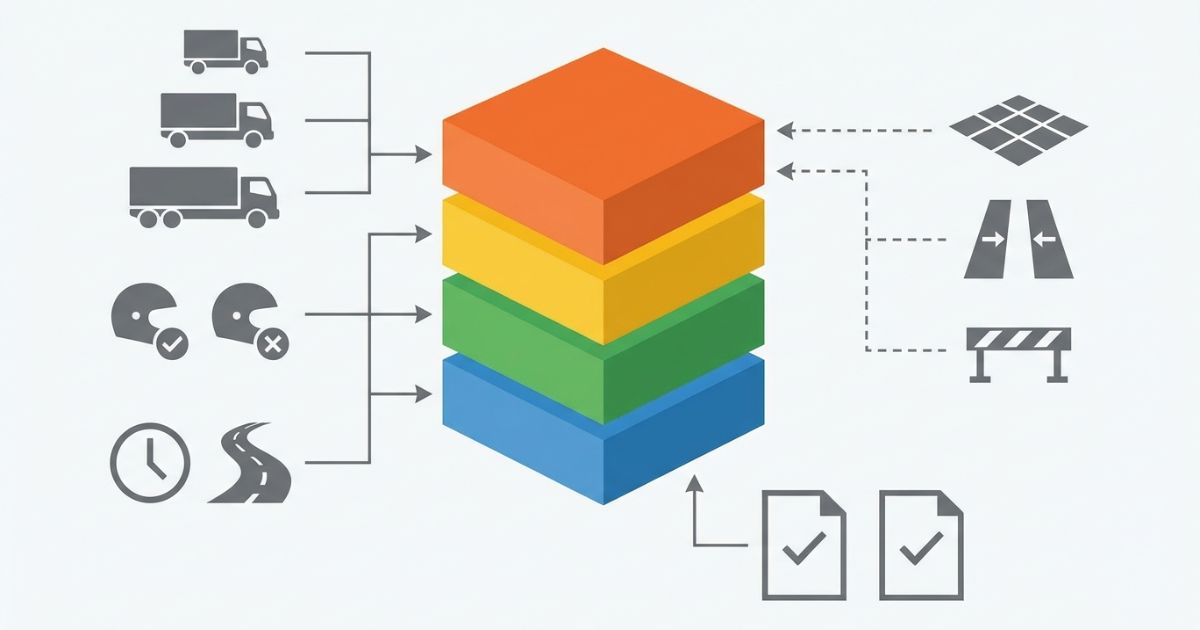 車格とオペ有無と拘束移動と現場条件でレンタル総額が決まることを示す文字なし図解