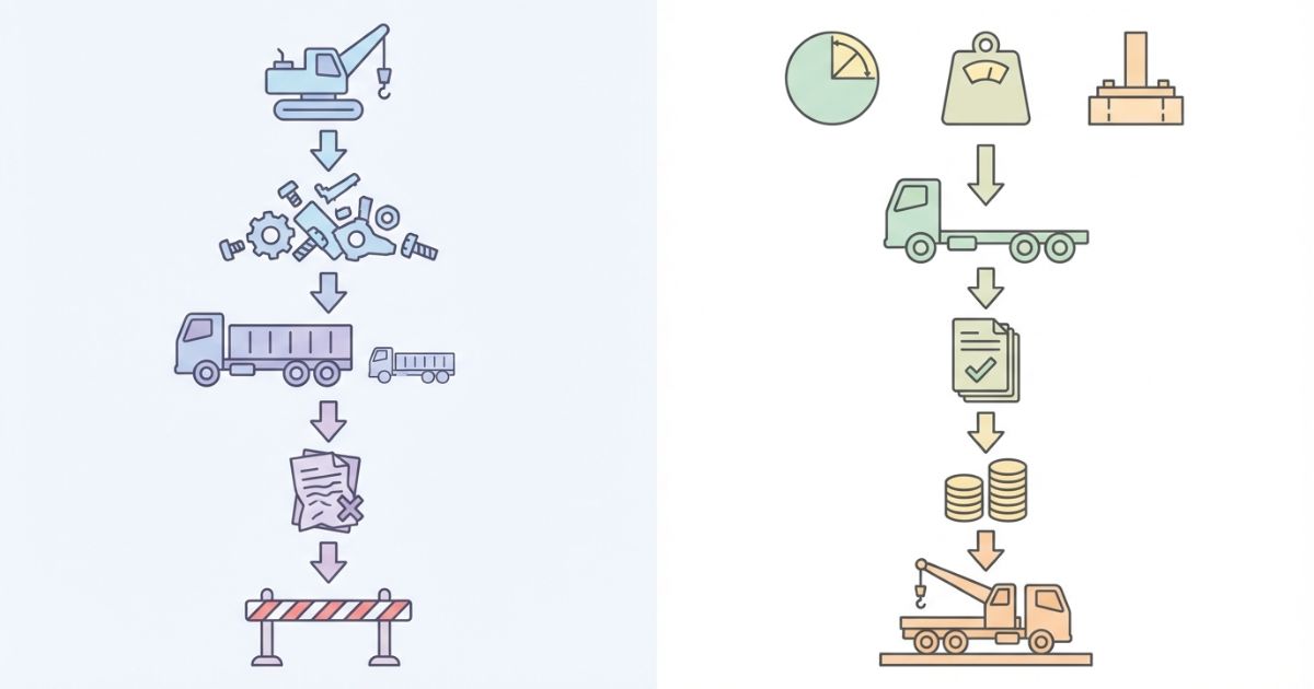 トラッククレーン後付けの失敗パターンと回避の判断分岐を示す図解
