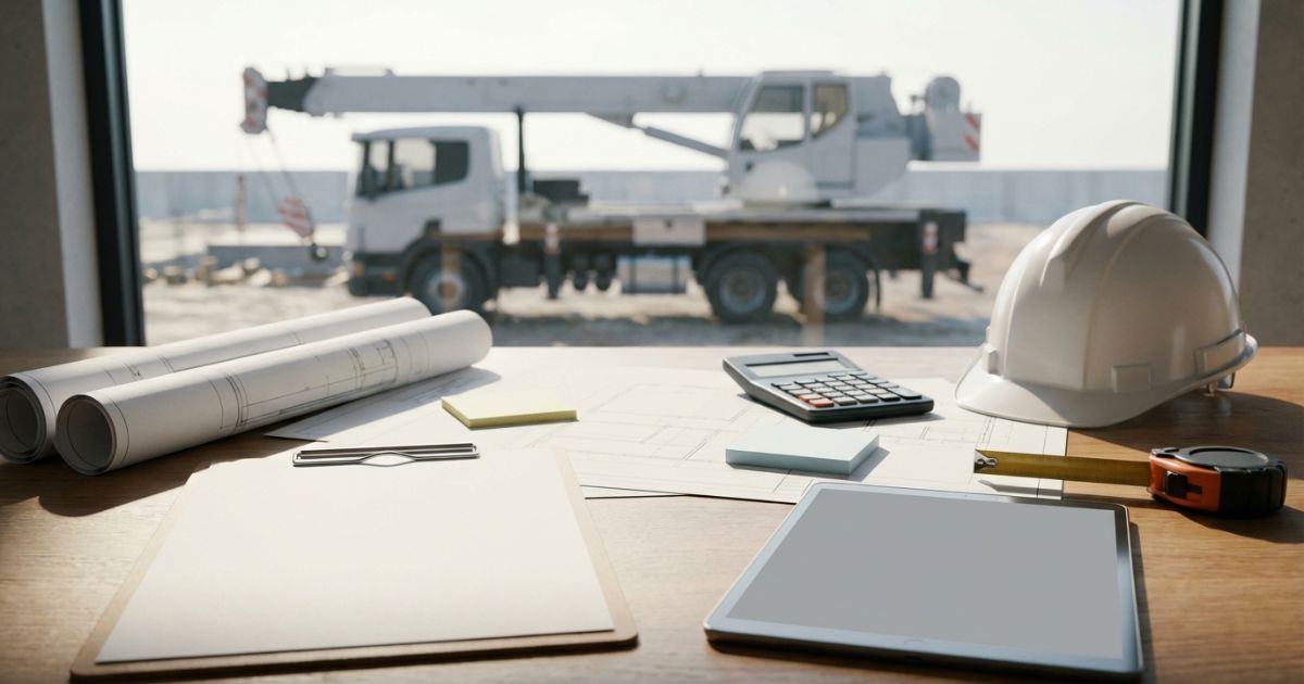 工事計画の机上で積算や歩掛を整理しているイメージ