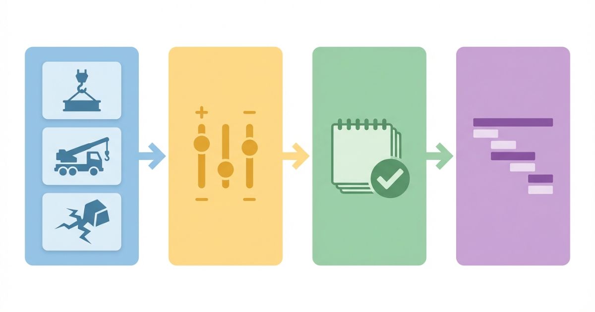  条件整理から補正と根拠化を経て工事計画へ落とす流れの文字なし図解