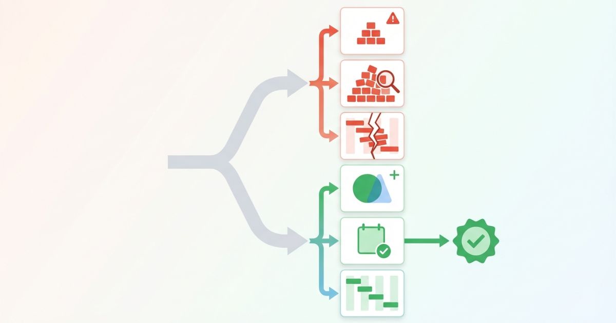  過小・過大・工程破綻の失敗と分離・補正・バッファで回避する分岐の文字なし図解