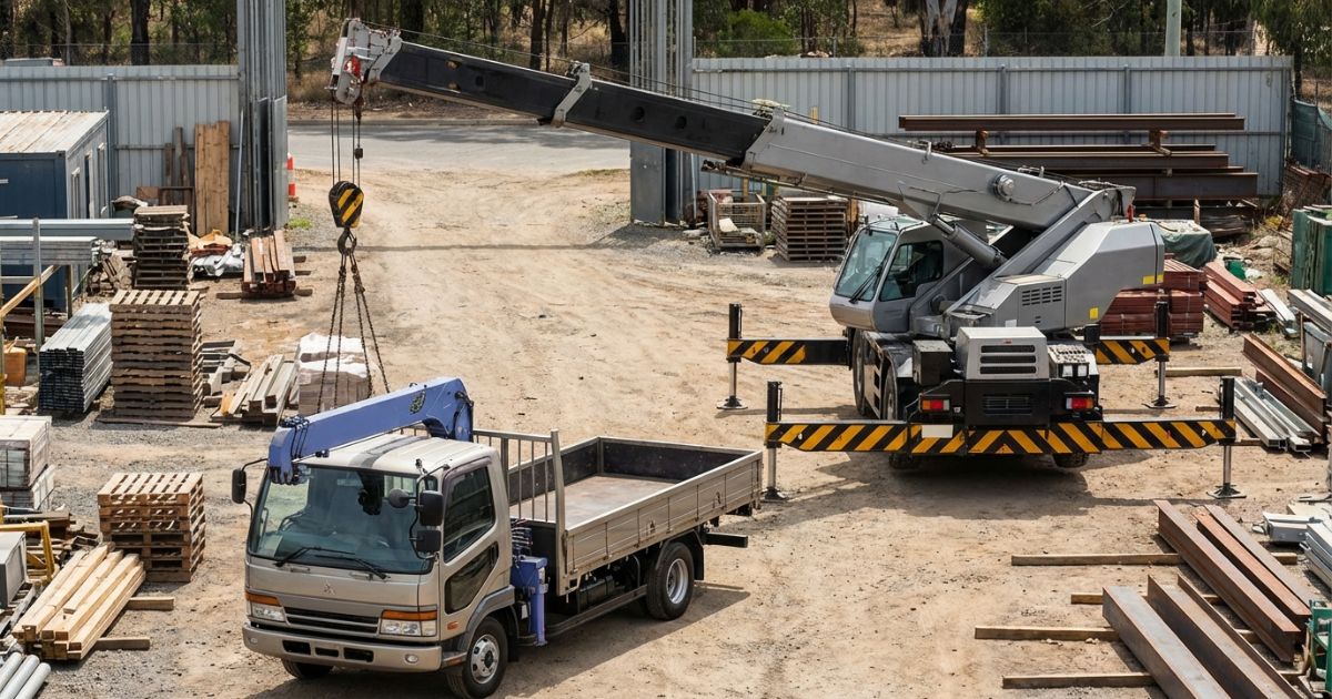 トラッククレーン車（総称）とユニック車（その一種）を現場で見比べて使い分けるイメージ