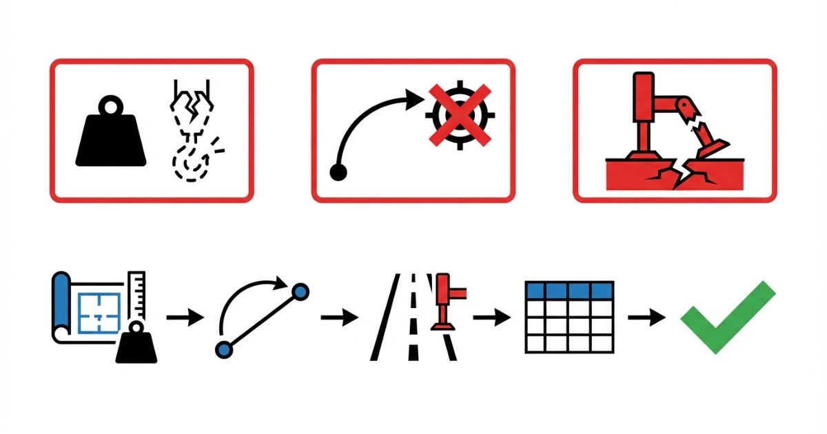 吊れない・届かない・設置できないの手配ミス3点と回避フローを示すリスク整理